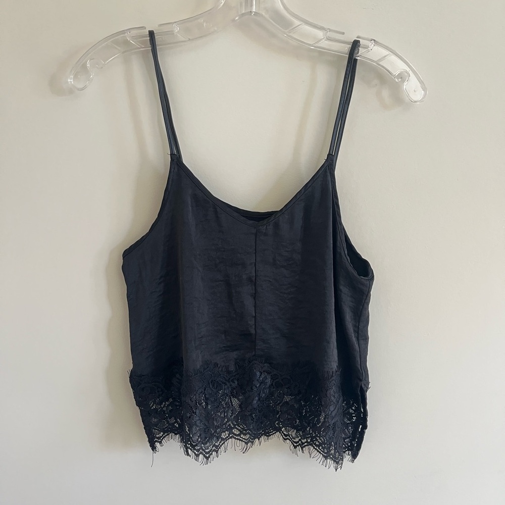 Satin Black Crop Top with Lace Trim